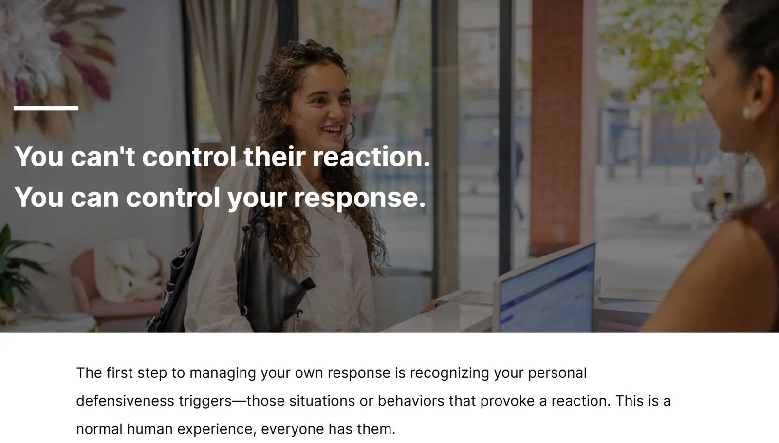 Photographic lesson screen with a large statement headline about controlling your own response, body copy below