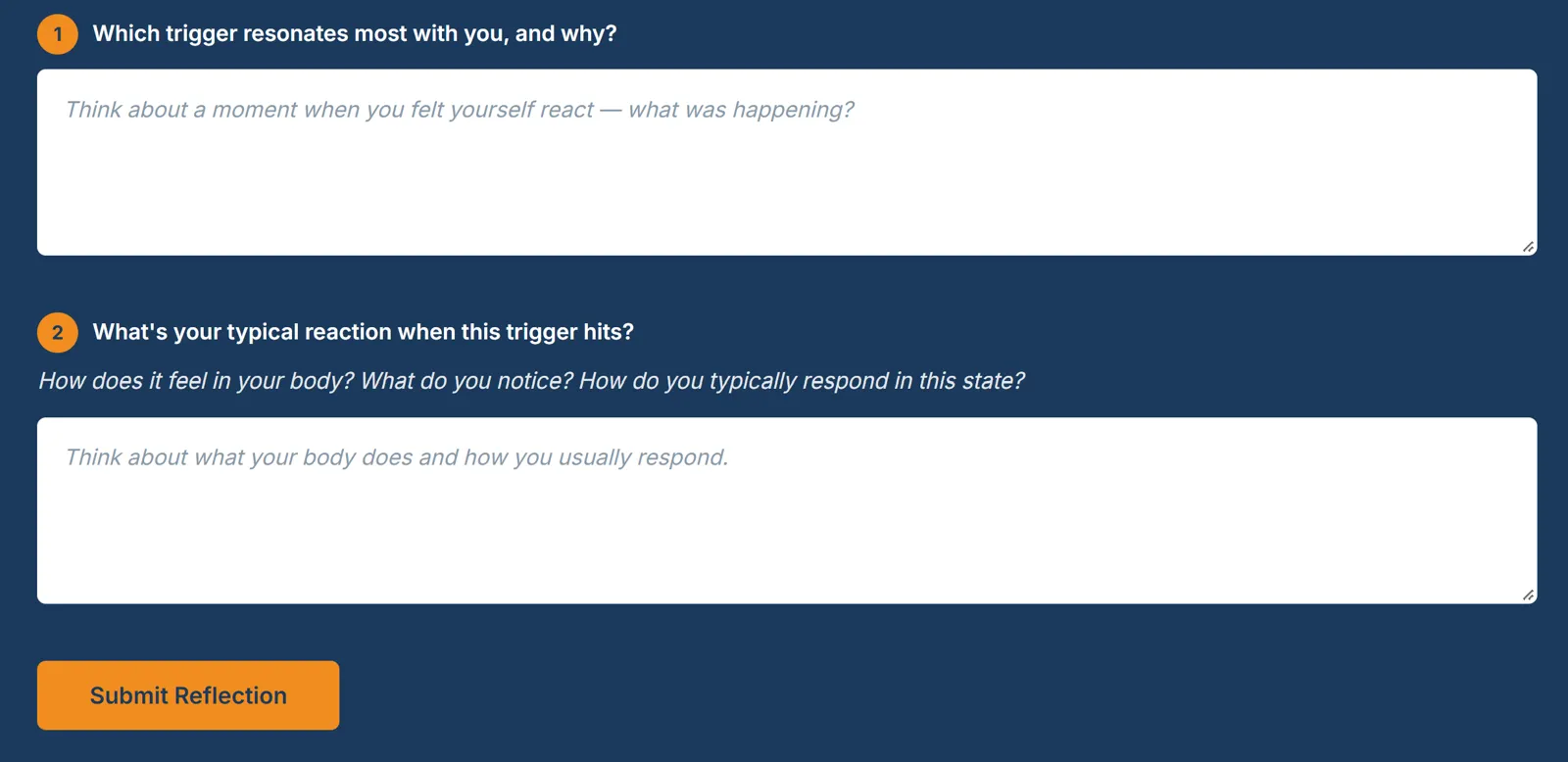 Reflection screen with two numbered free-text prompts and a submit button