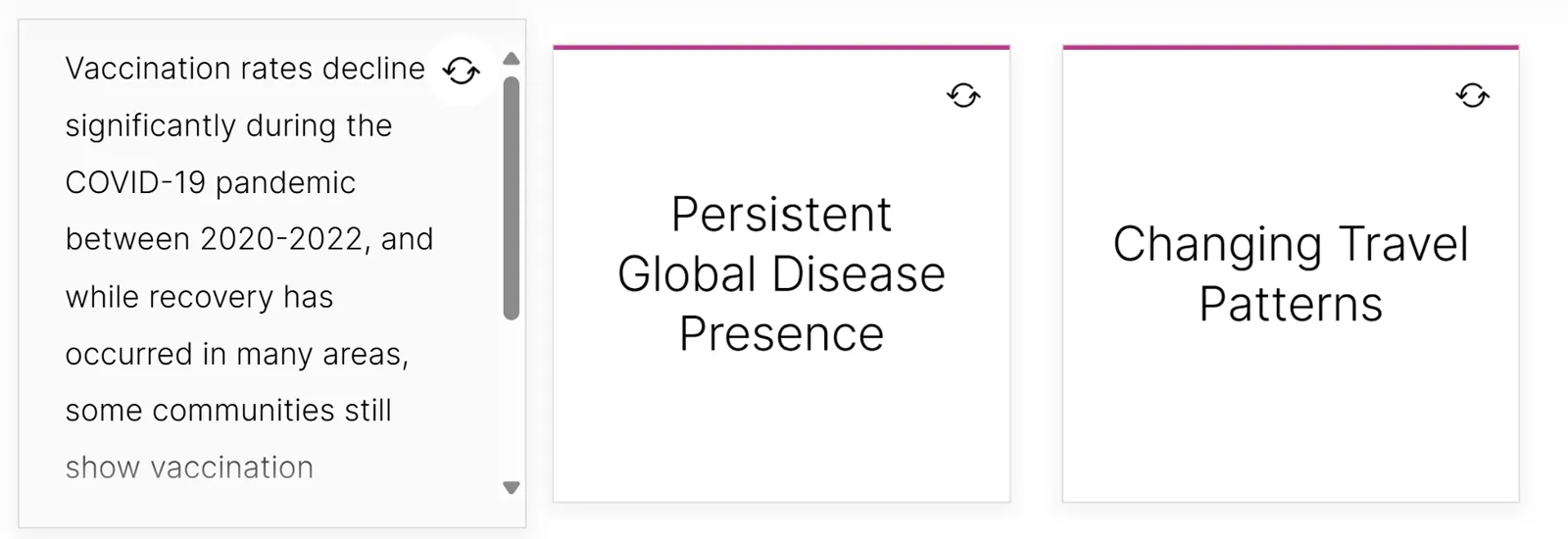 Flashcard activity with three cards, one flipped to its explanation about vaccination rates during the COVID-19 pandemic