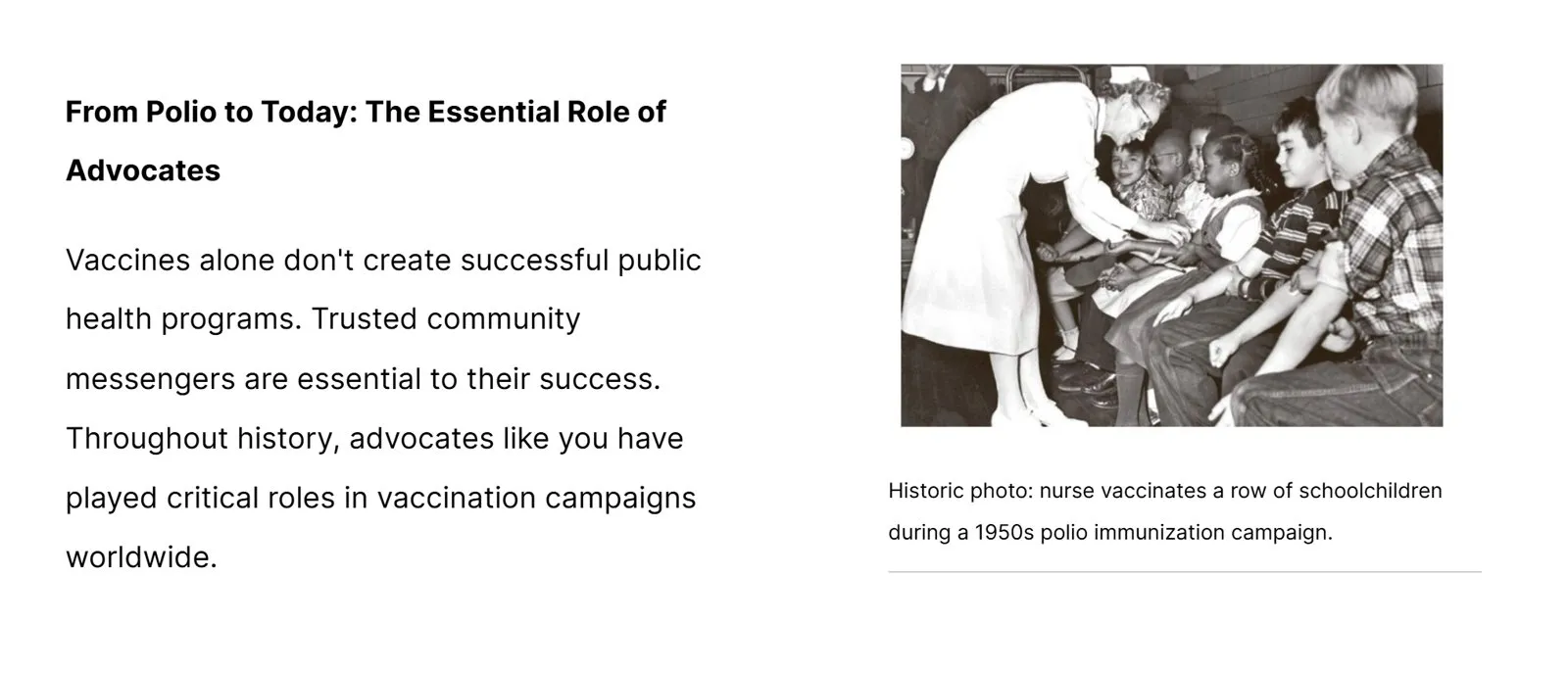 Lesson screen pairing body copy about the role of advocates with a captioned photograph from a 1950s polio immunization campaign