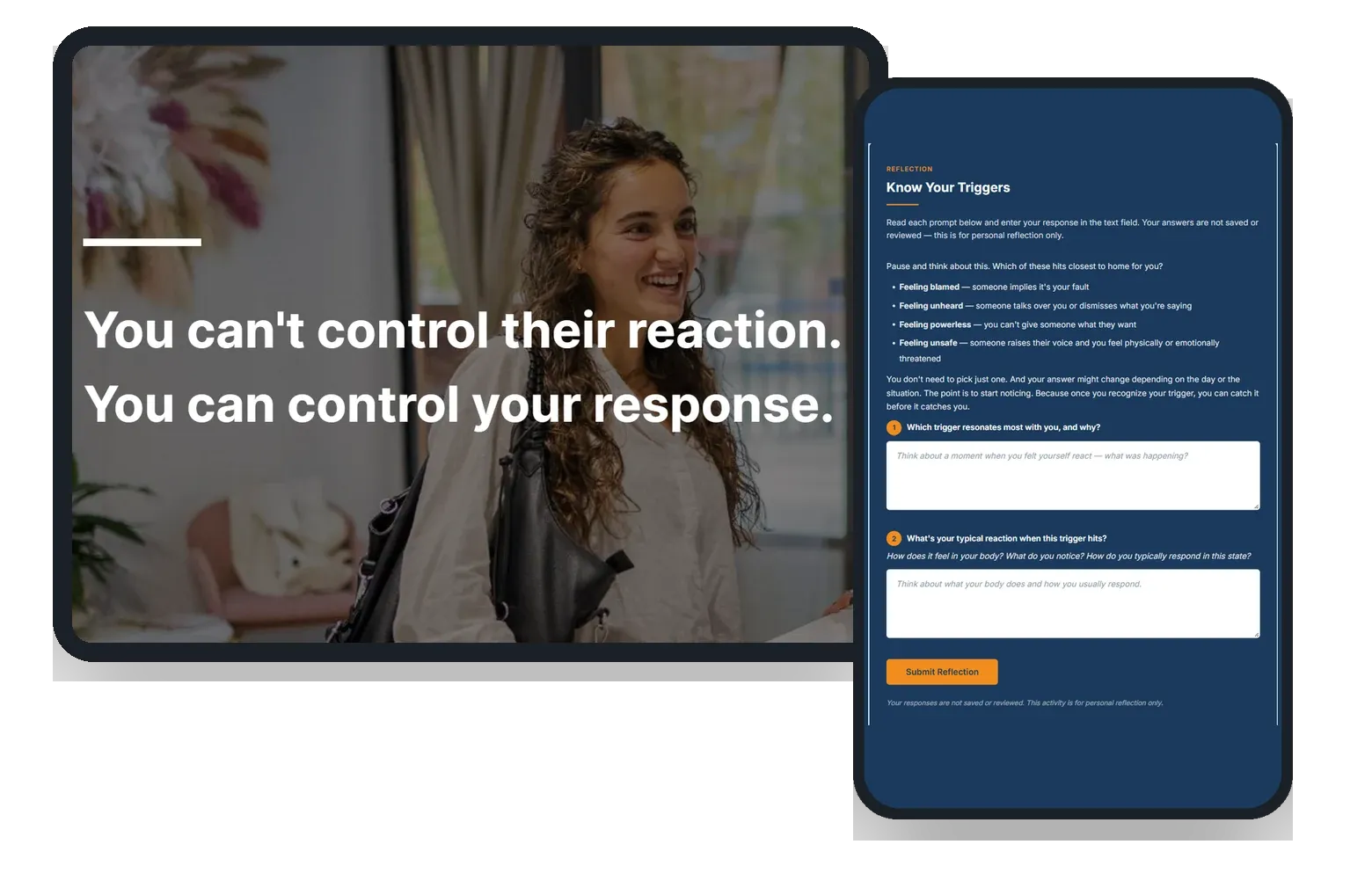 Two course screens side by side: a photographic lesson about controlling your own response on a tablet, and a reflection activity with free-text prompts on a phone