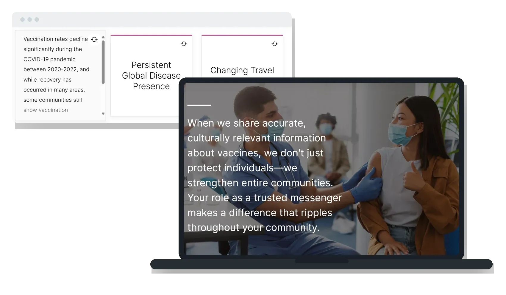 Two course screens: a photographic lesson opener about being a trusted community messenger on a laptop, and a flashcard activity in a browser window behind it